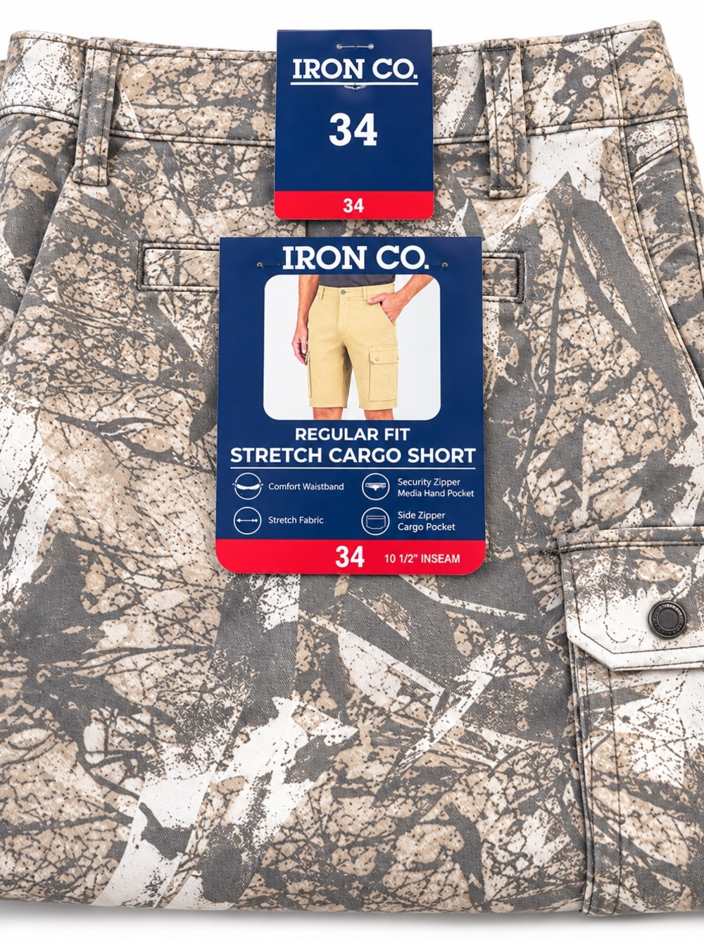 Iron Co. Men’s Stretch Cargo Shorts Size 34 NWT Camo 10.5” Inseam